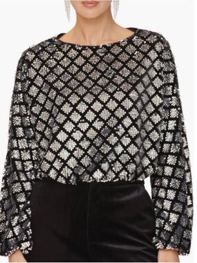 Avec Les Filles Black Top with Silver Sequin Diamond Grid